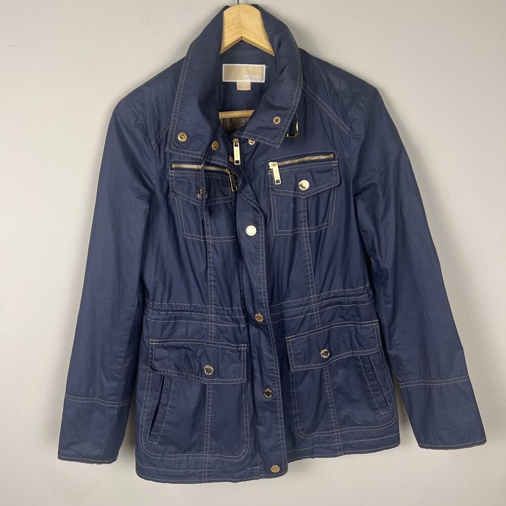 MICHAEL Michaels Kors Navy Blue Zip Adjustable Classic‎ Raincoat Jacket Xsmall